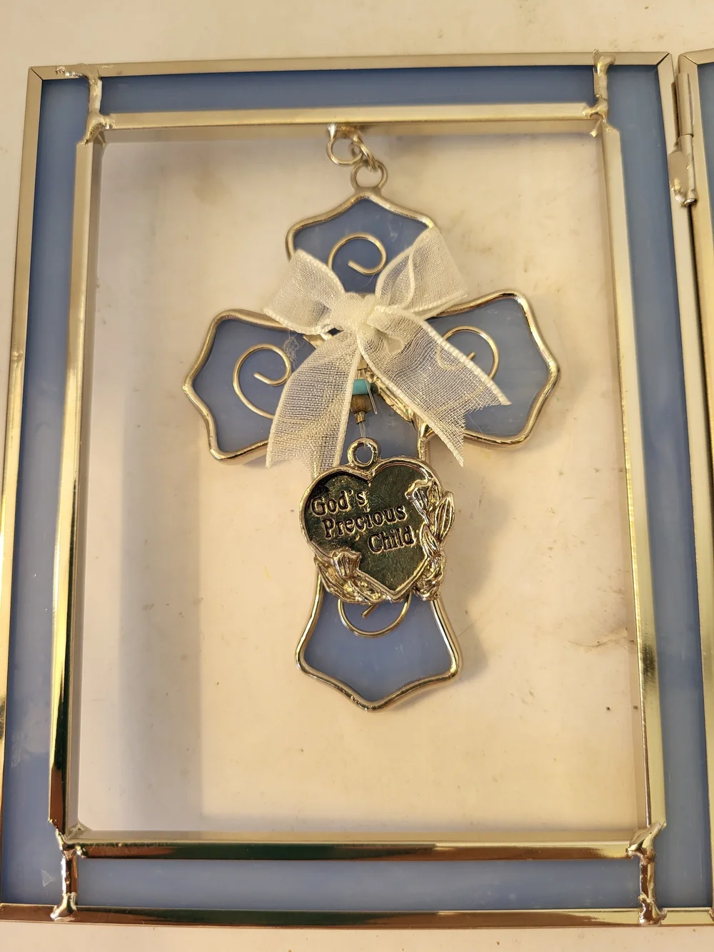 Blue Stained Glass Double Photo Frame with Cross Accent